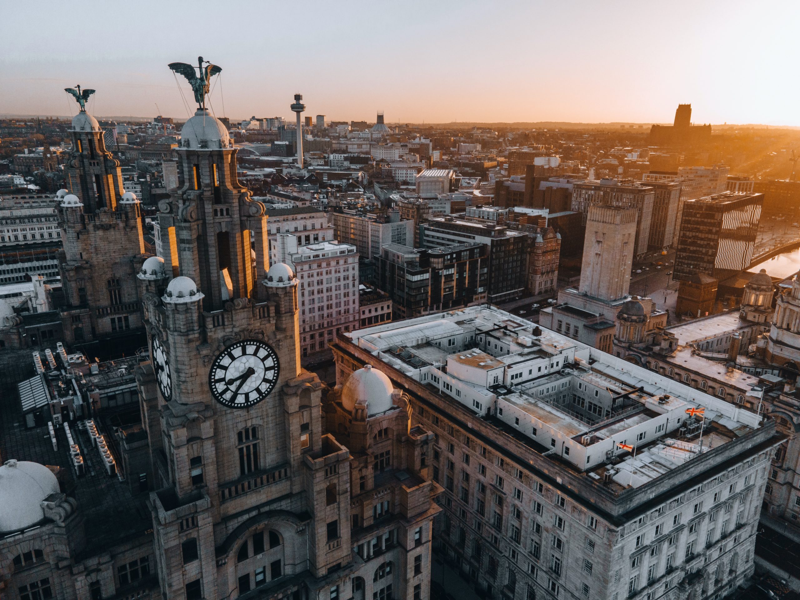 Royal Liver Building in Liverpool, England by Drone