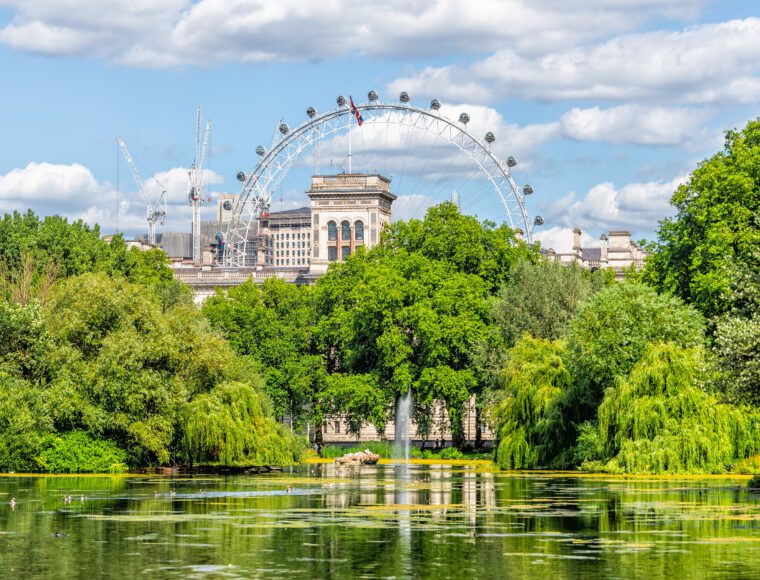 London Eye cityscape view building with St James Park green lake pond on summer day and water fountain in London