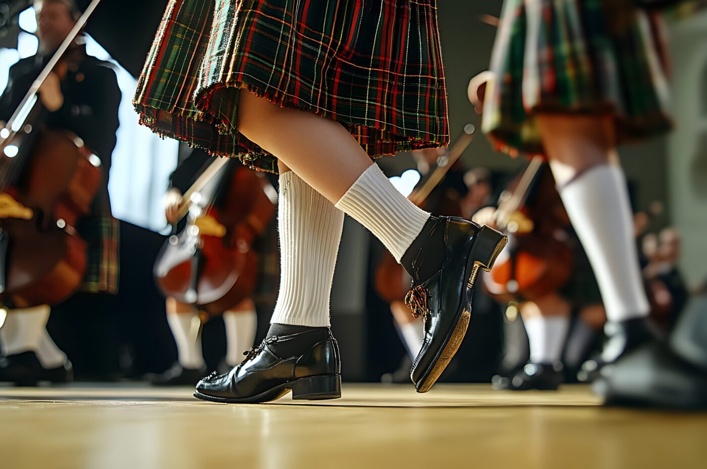 Dancers in traditional Scottish attire perform, focusing on their feet. They wear tartan kilts, white knee-high socks, and black shoes on a wooden floor. String musicians with cellos set the scene for a spirited Burns Night celebration in the background.