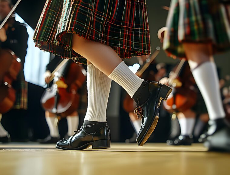 Close-up of dancers celebrating Burns Night in traditional Scottish kilts and shoes performing on stage. Their white socks and shiny black shoes are visible, with a blurred background of string musicians playing cellos.