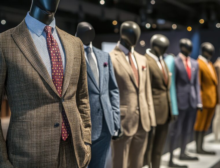 Mannequins dressed in a variety of different suits